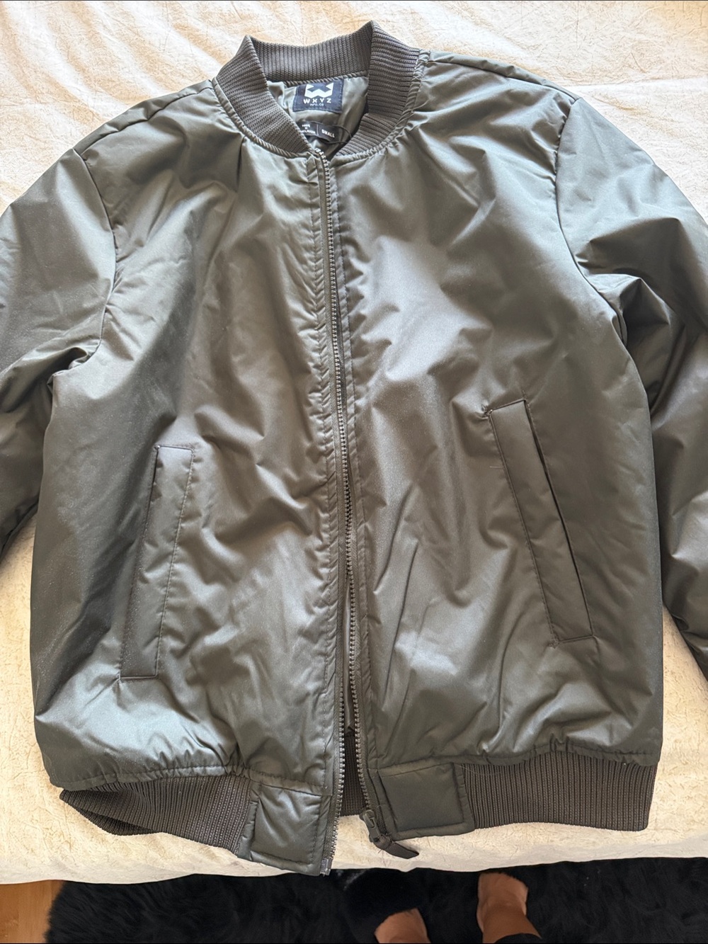 Men's Olive Bomber Jacket with Ribbed Collar and Pockets